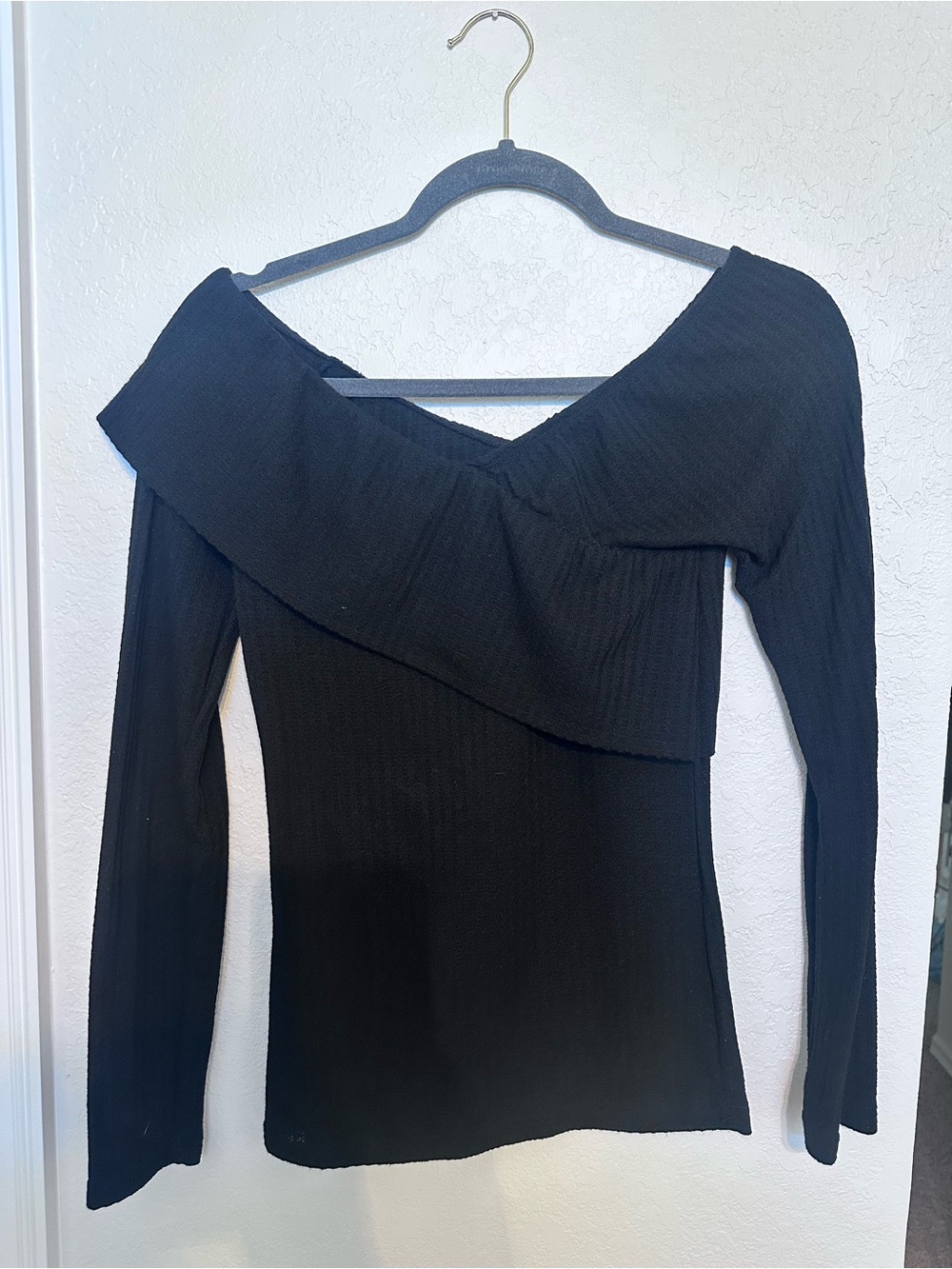 Amazon Women's Black Off-Shoulder Ruffle Knit Sweater